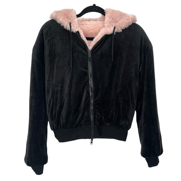 BLANC NOIR JACKET Women's Size XS Pink Black Faux Shearling REVERSIBLE HOODED - Picture 6 of 9